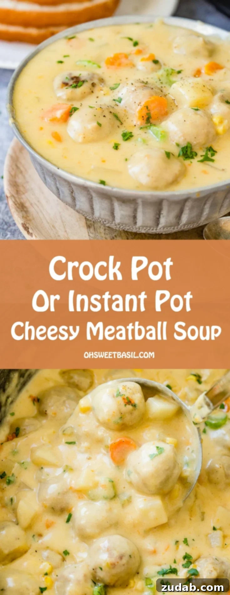 A large slow cooker full of creamy, cheesy meatball soup, ready to be served, with steam rising.