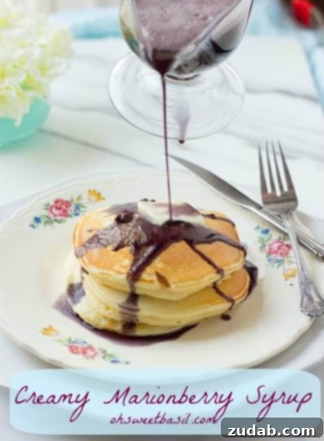 Close-up of Creamy Marionberry Syrup, highlighting its rich texture and beautiful berry color