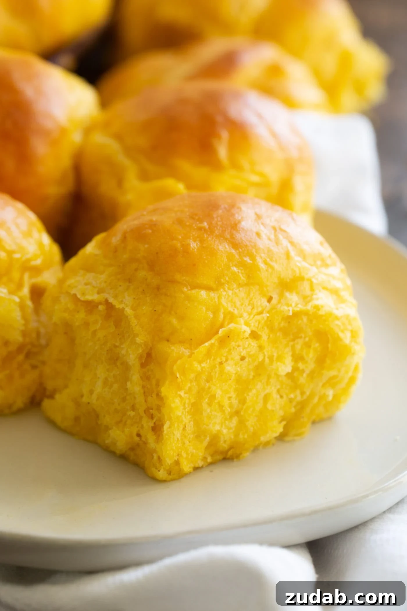 Pillowy Pumpkin Dinner Rolls 2 Soft and fluffy pumpkin rolls on a white dish, ready to be served