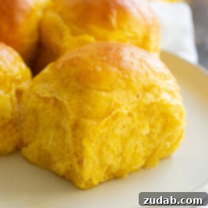 Pillowy Pumpkin Dinner Rolls 11 A freshly baked soft pumpkin roll on a dark surface, golden brown and inviting