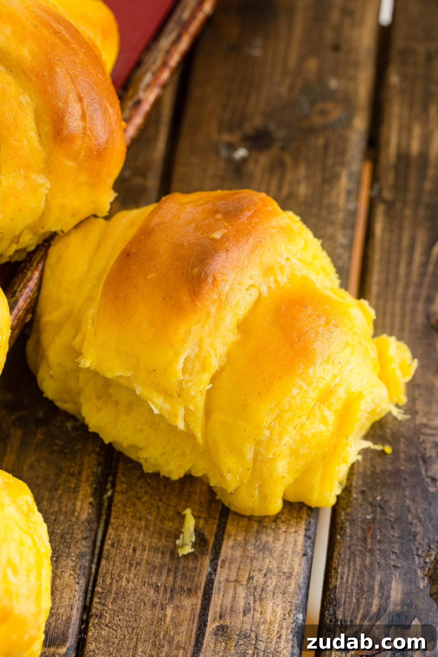 Pillowy Pumpkin Dinner Rolls 7 Two soft pumpkin dinner rolls artfully arranged on a rustic wood table, ready for a delicious meal