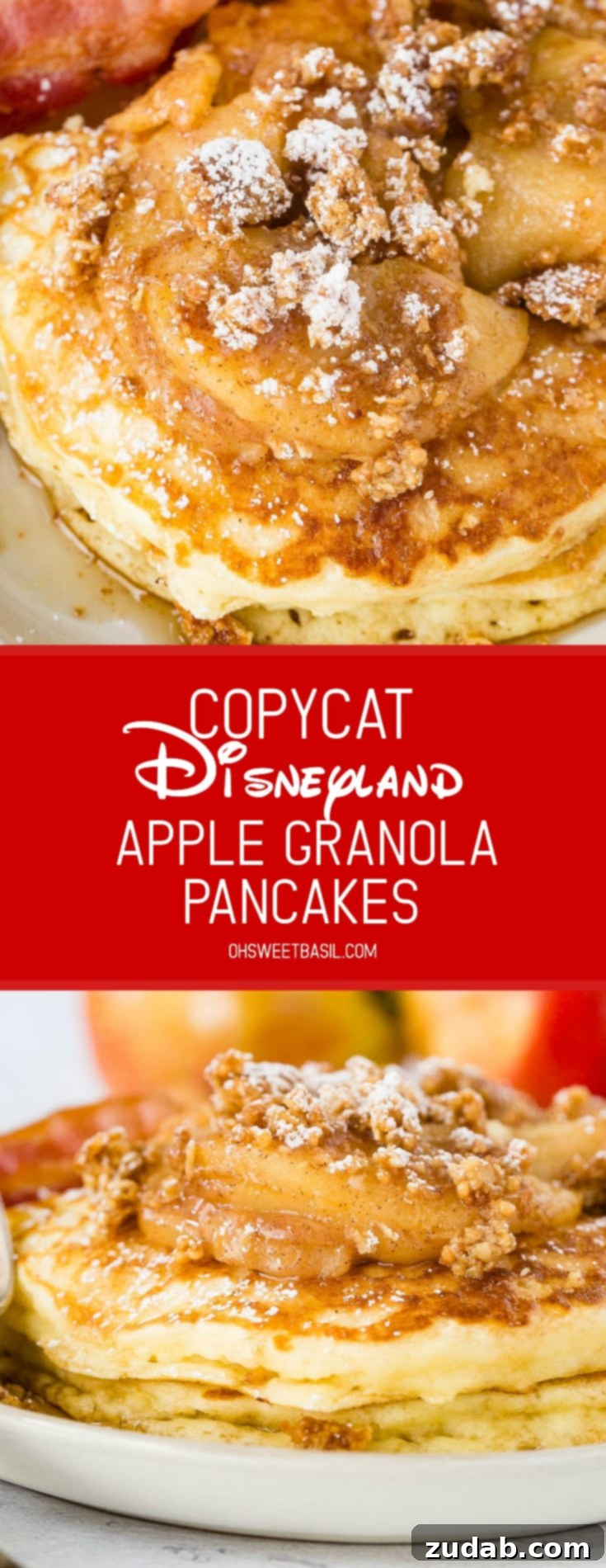 Disneyland-Inspired Apple Granola Pancakes 8 a plate stacked with fluffy pancakes topped with roasted apples, crumbled granola, powdered sugar and a drizzle of syrup with a side of bacon.