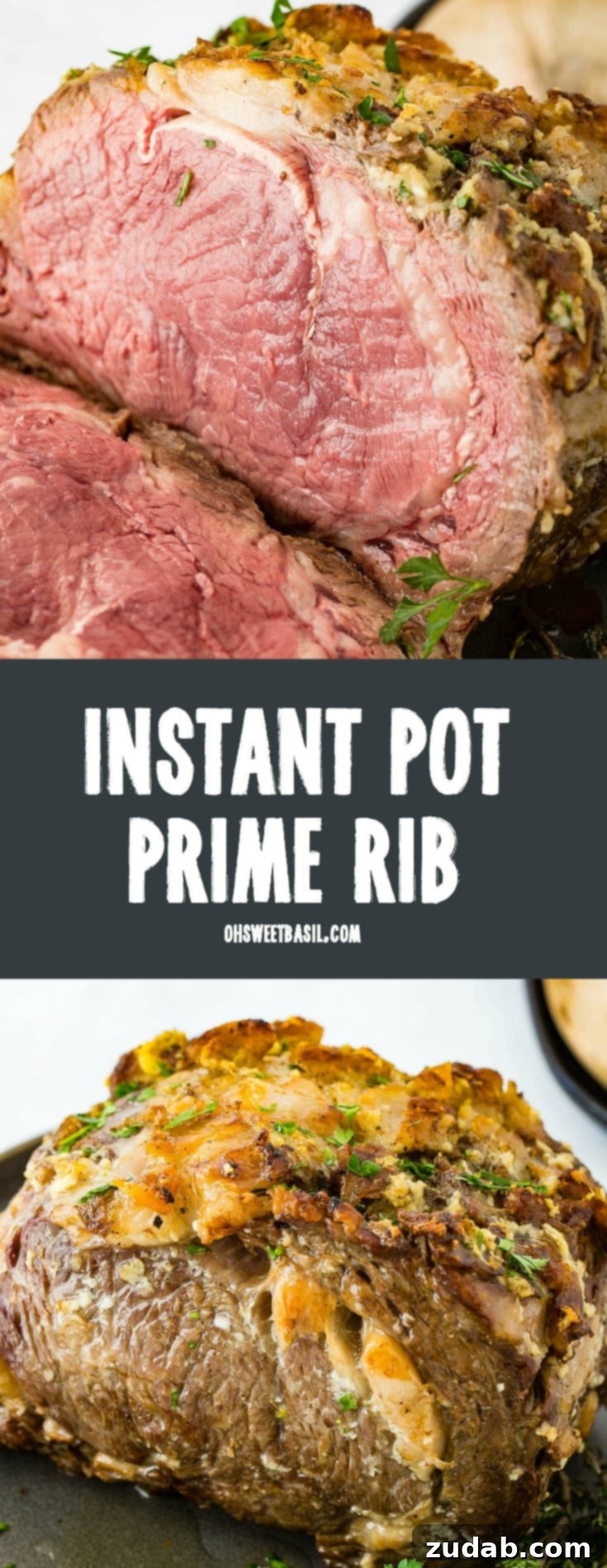 Perfect Instant Pot Prime Rib 3 A photo of cooked instant pot prime rib sliced into.