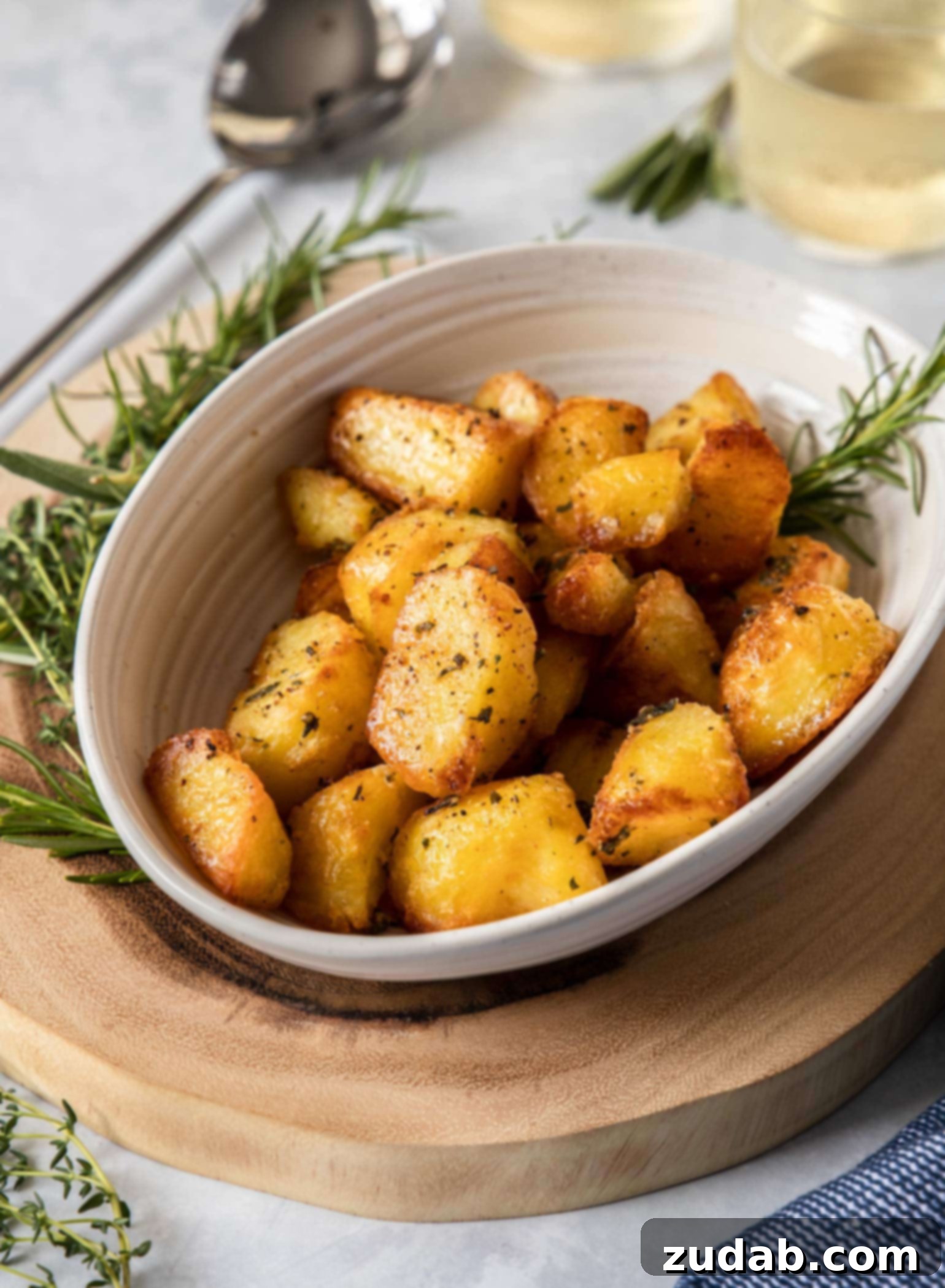 Crispy Garlic-Herb Roasted Potatoes 2 A cream coloured bowl filled with golden-brown herby roasted potatoes, artfully arranged and surrounded by sprigs of fresh rosemary and thyme. The bowl rests on a rustic wooden board, emphasizing the natural ingredients.