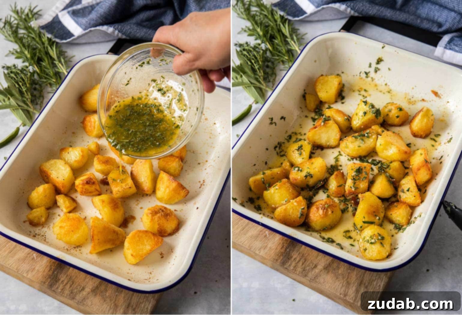 Crispy Garlic-Herb Roasted Potatoes 5 A two-panel collage showing the process of making herb and garlic roasted potatoes. The top image shows golden-brown crispy potatoes in an enamel baking dish on a wooden board. The bottom image shows fresh herb butter being drizzled over the hot potatoes, enhancing their flavor and sheen.