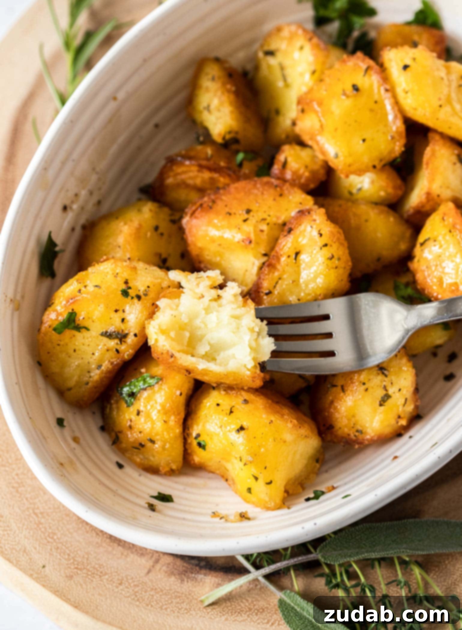Crispy Garlic-Herb Roasted Potatoes 6 Birdseye view of a creamy white bowl filled with golden-brown herby roasted potatoes. One potato is broken in half on a fork, revealing its perfectly fluffy, steamy interior, contrasting with the crispy exterior.