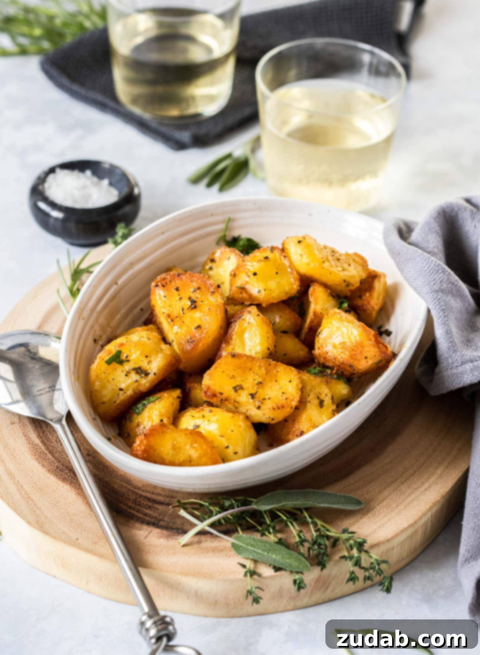 Crispy Garlic-Herb Roasted Potatoes 7 A cream coloured bowl filled with golden-brown, glistening herby roasted potatoes, garnished with fresh herbs like rosemary and thyme. The bowl is positioned on a rustic wooden board, ready for serving.