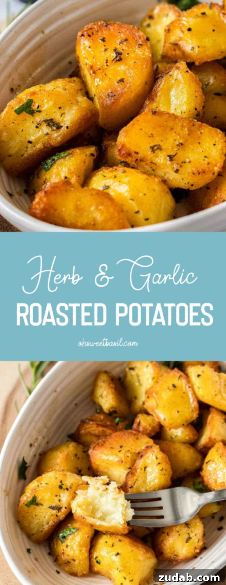 Crispy Garlic-Herb Roasted Potatoes 9 A cream coloured bowl filled with golden-brown, glistening herby roasted potatoes. Fresh sprigs of rosemary and thyme are placed around the bowl, and it sits on a rustic wooden board, ready for serving.