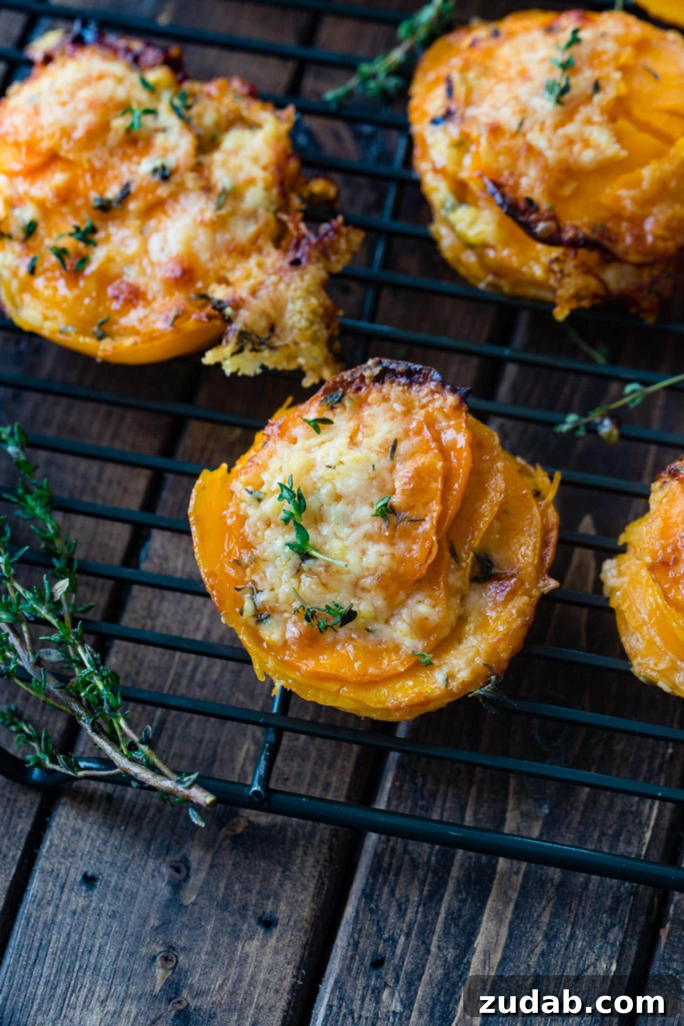 Cheesy Gruyere Sweet Potato Stacks A close-up photo of a golden-brown sweet potato stack, perfectly baked with crispy, melted cheese and garnished with fresh thyme leaves, resting on a wire cooling rack.