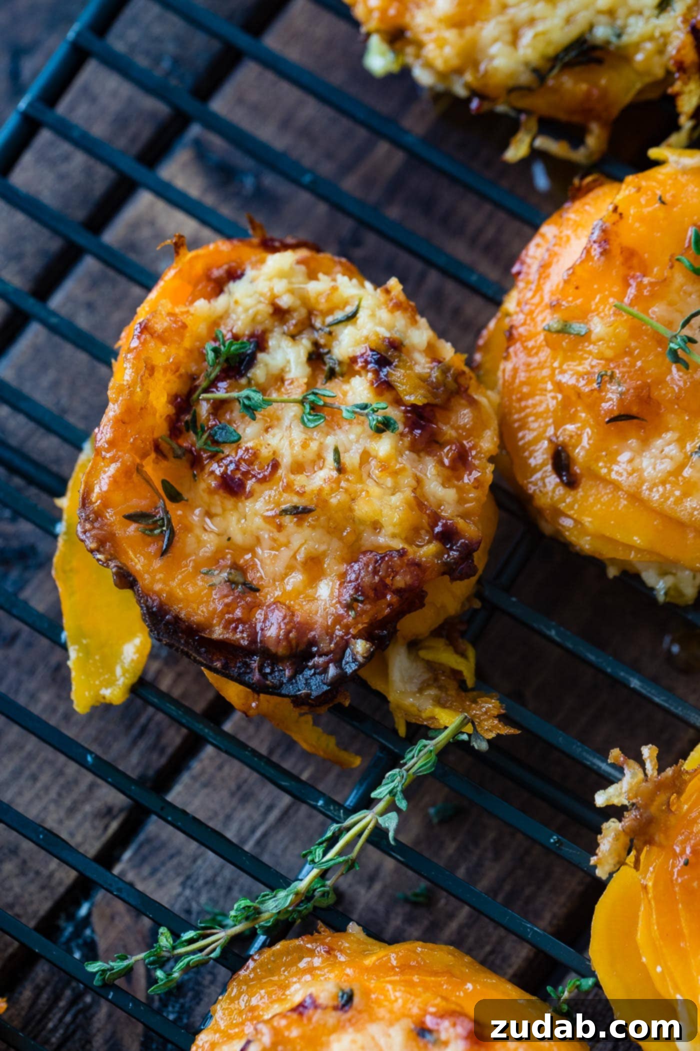 Cheesy Gruyere Sweet Potato Stacks A beautifully arranged sweet potato stack, showcasing golden, crispy cheese and delicate thyme leaves, ready to be served.