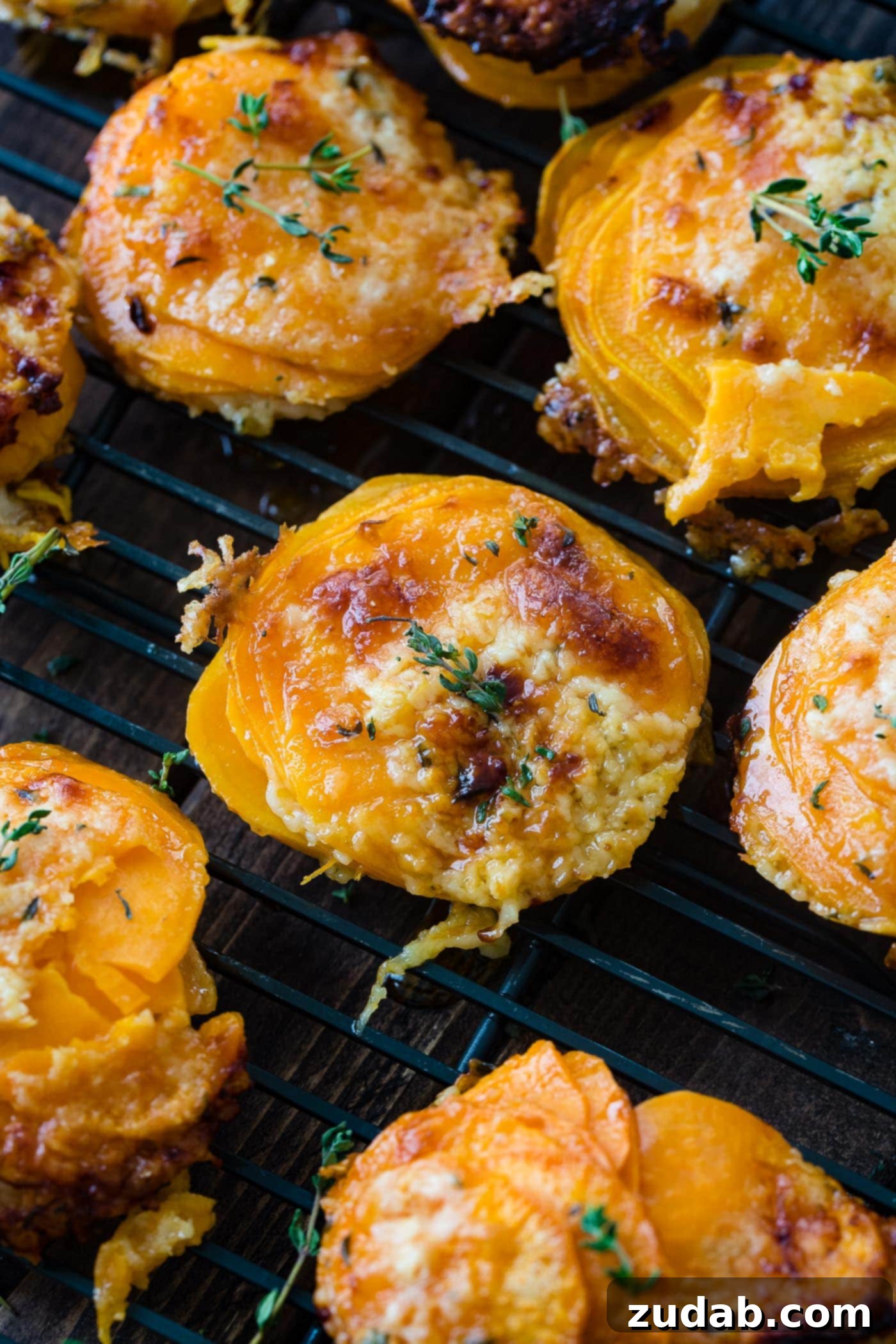 Cheesy Gruyere Sweet Potato Stacks A close-up shot of a perfectly baked sweet potato stack with melted Gruyere and Parmesan, fresh thyme, on a cooling rack.