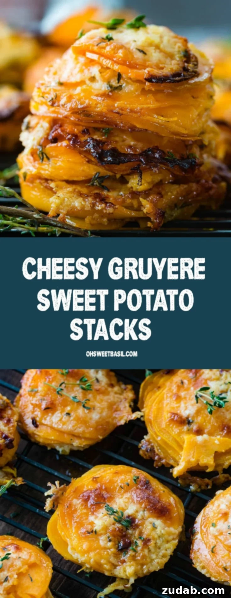 Golden Sweet Potato Gruyere Towers 3 A close-up of several beautifully baked Cheesy Gruyere Sweet Potato Stacks, garnished with fresh thyme, ready for serving.