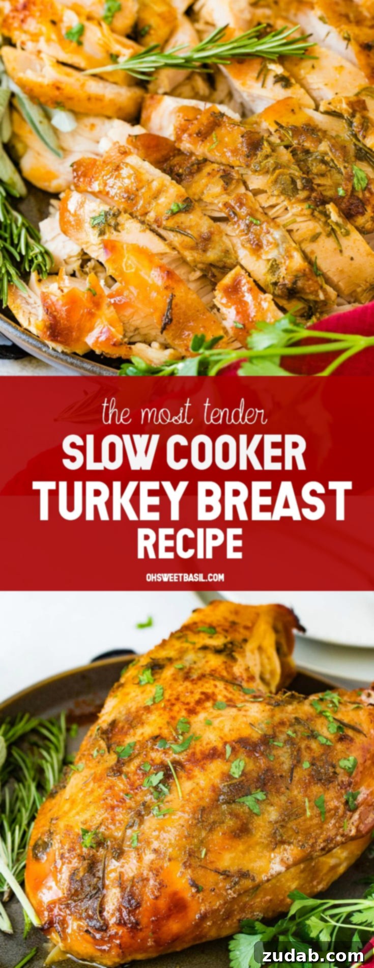 A photo of sliced juicy slow cooker turkey breast garnished with fresh herbs.