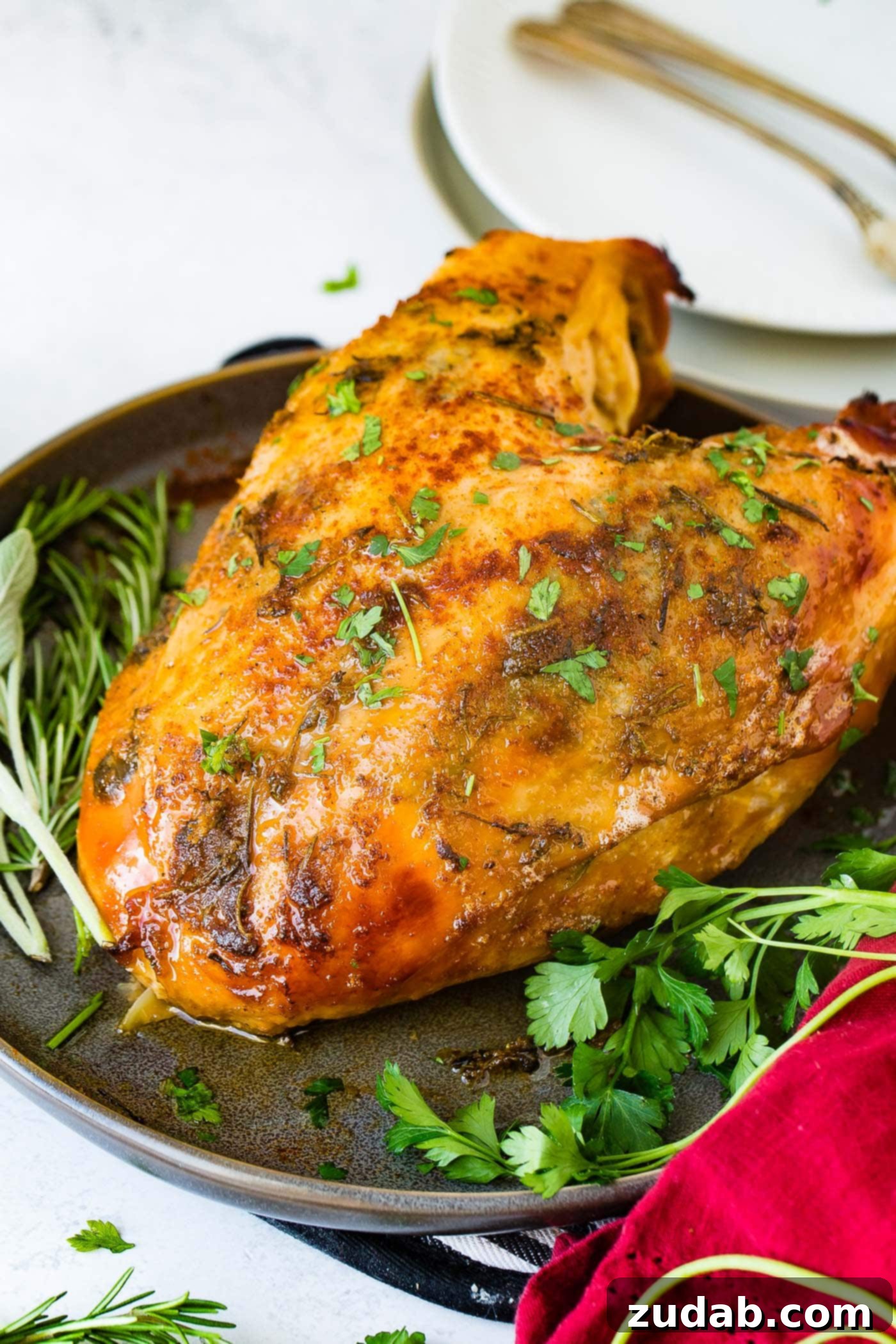 A photo of a double breasted slow cooker turkey breast perfectly golden and crispy.