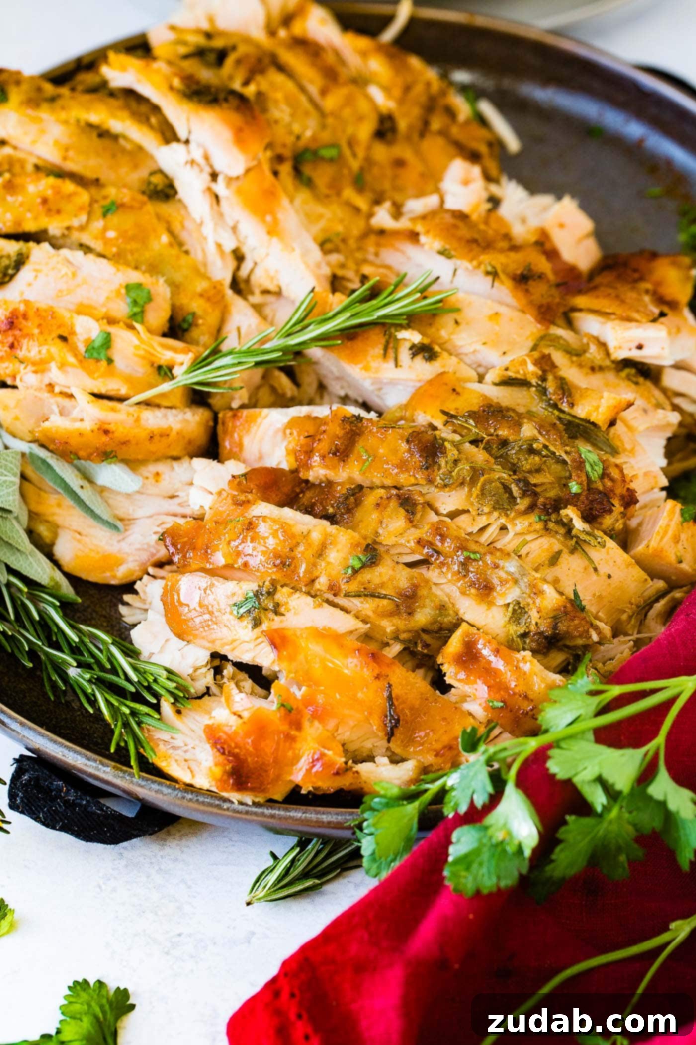 A photo of sliced juicy slow cooker turkey breast garnished with fresh herbs.