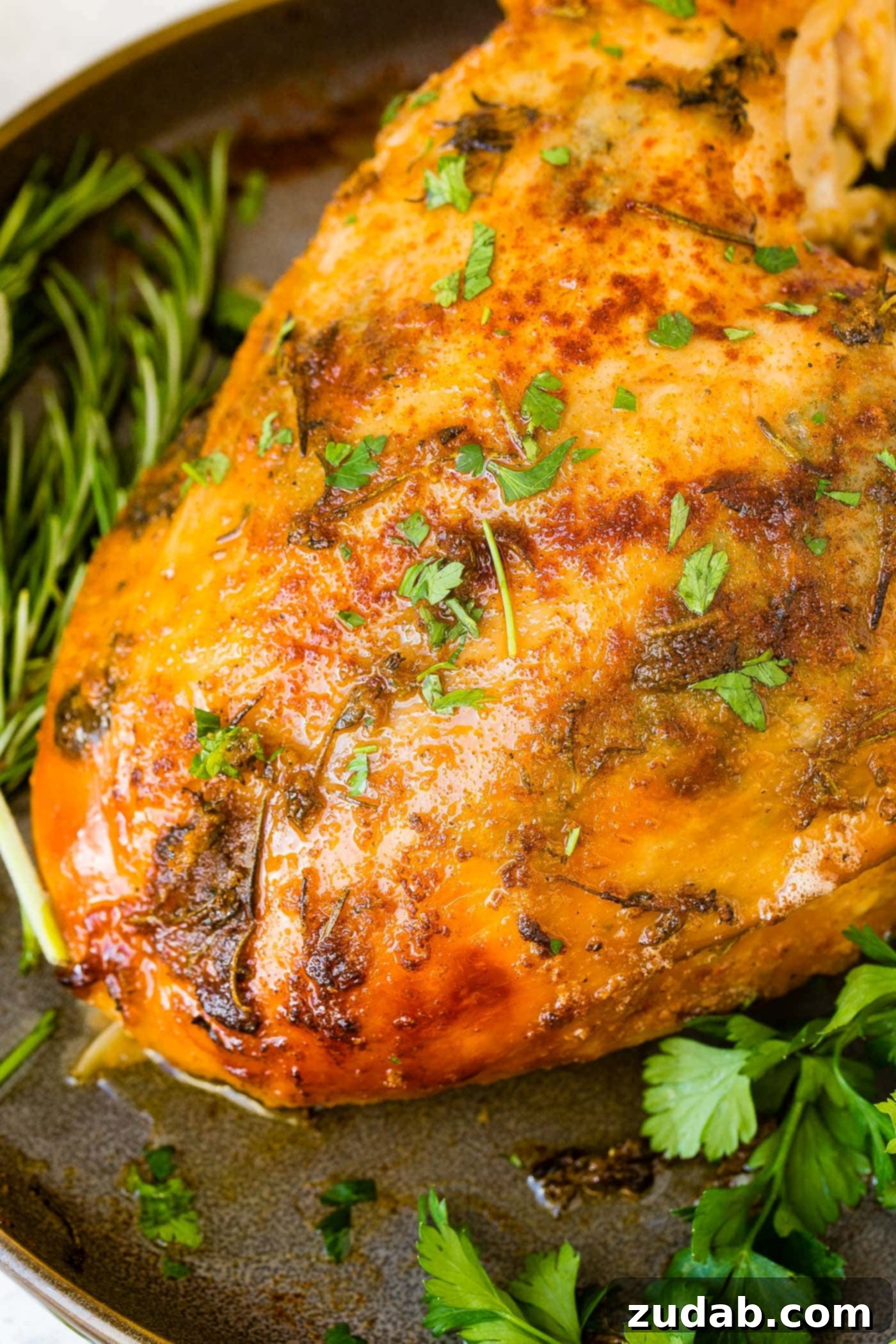 A close up photo of golden crispy slow cooker turkey breast.