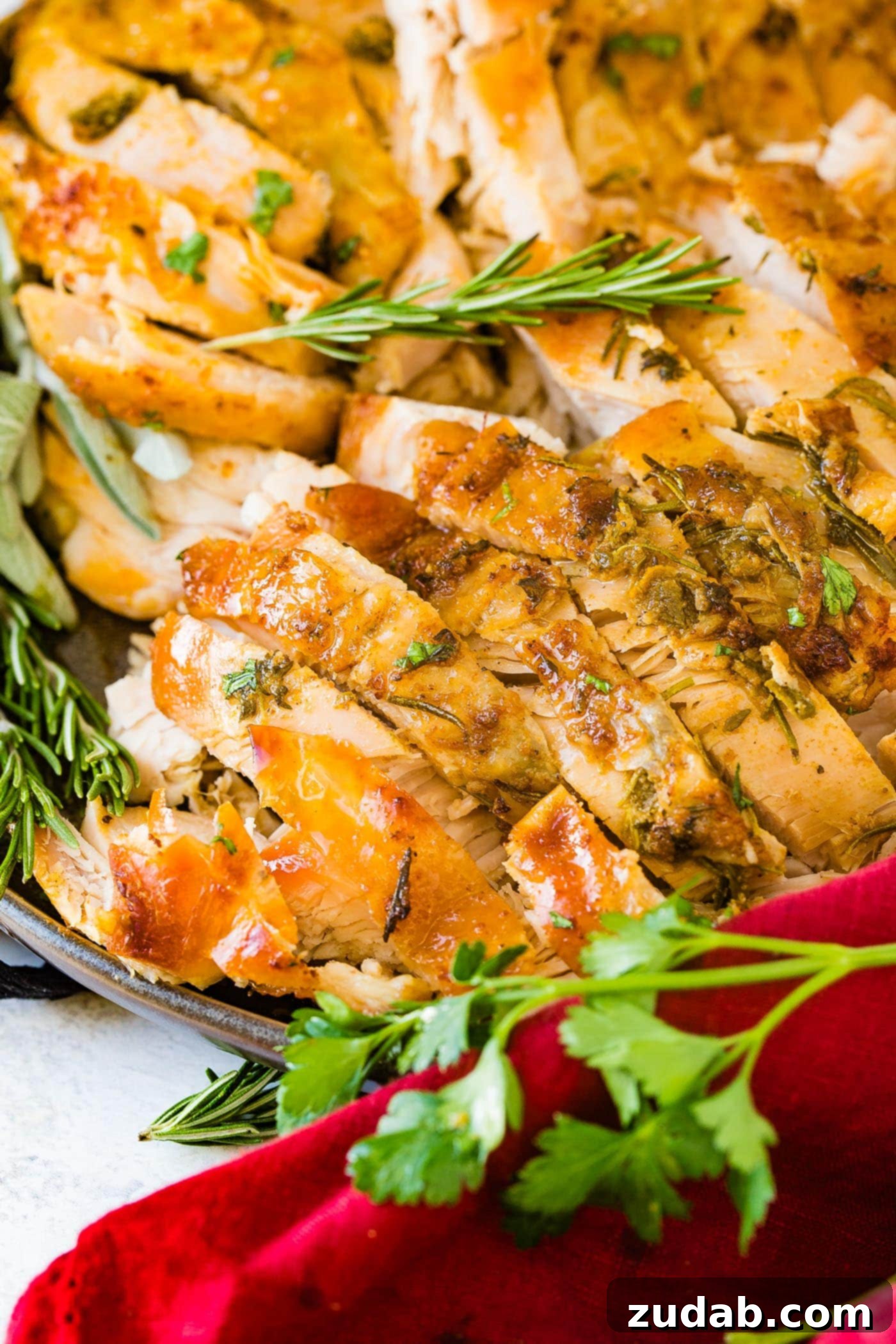 A photo of sliced juicy slow cooker turkey breast garnished with fresh herbs.