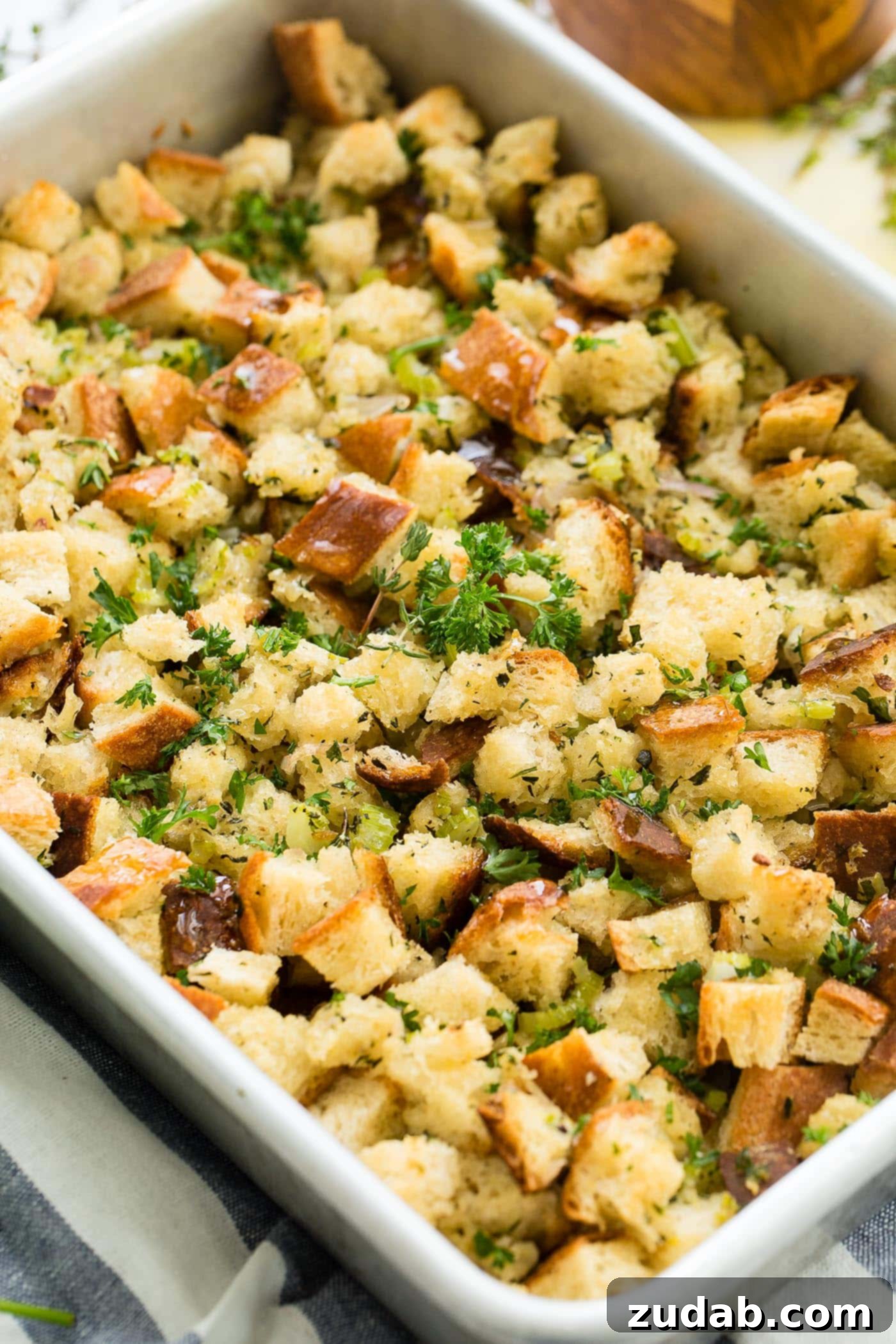 Make Ahead No Fuss Stuffing A photo of classic stuffing in a baking dish.