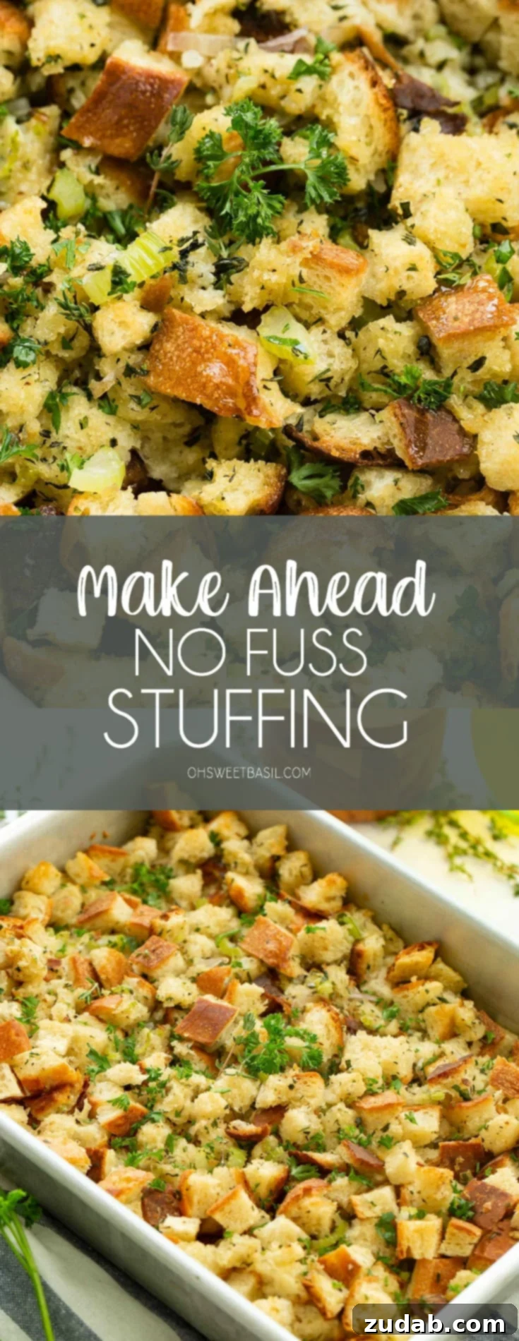 Effortless Make-Ahead Stuffing 3 A photo of classic stuffing in a baking dish.