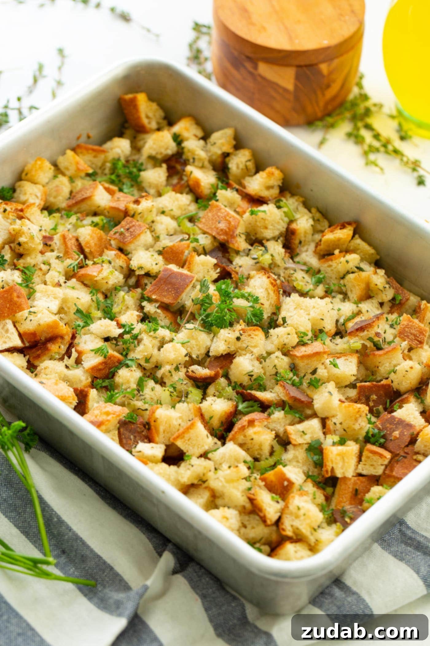 Make Ahead No Fuss Stuffing A photo of classic stuffing in a baking dish.