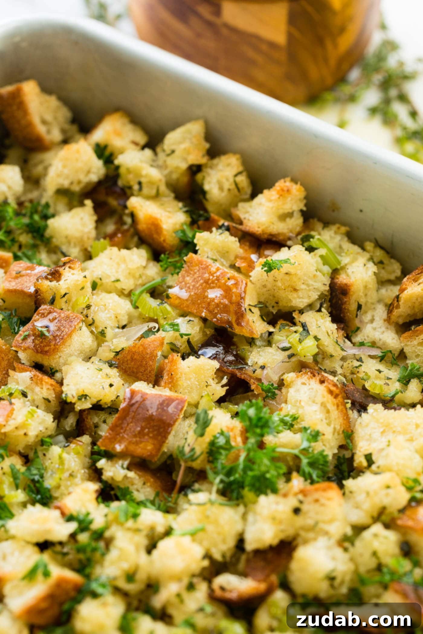 Make Ahead No Fuss Stuffing A photo of classic stuffing in a baking dish.