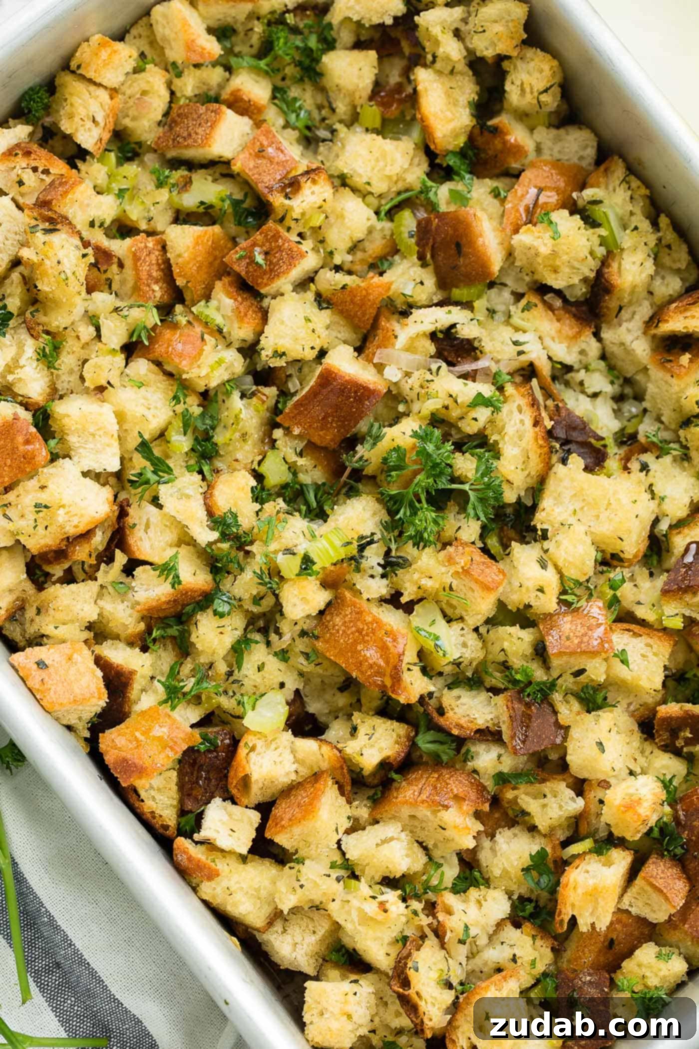 Make Ahead No Fuss Stuffing A photo of classic stuffing in a baking dish.