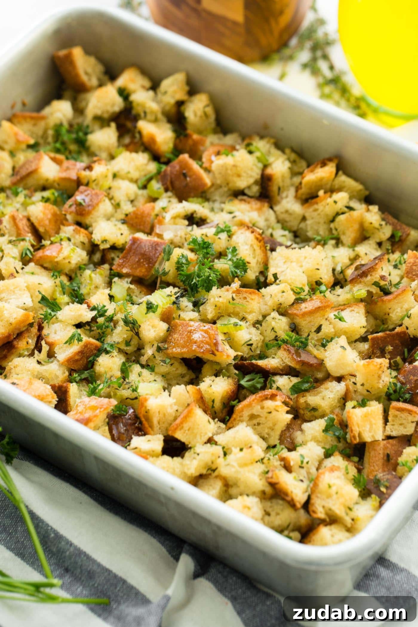 Make Ahead No Fuss Stuffing A photo of classic stuffing in a baking dish.