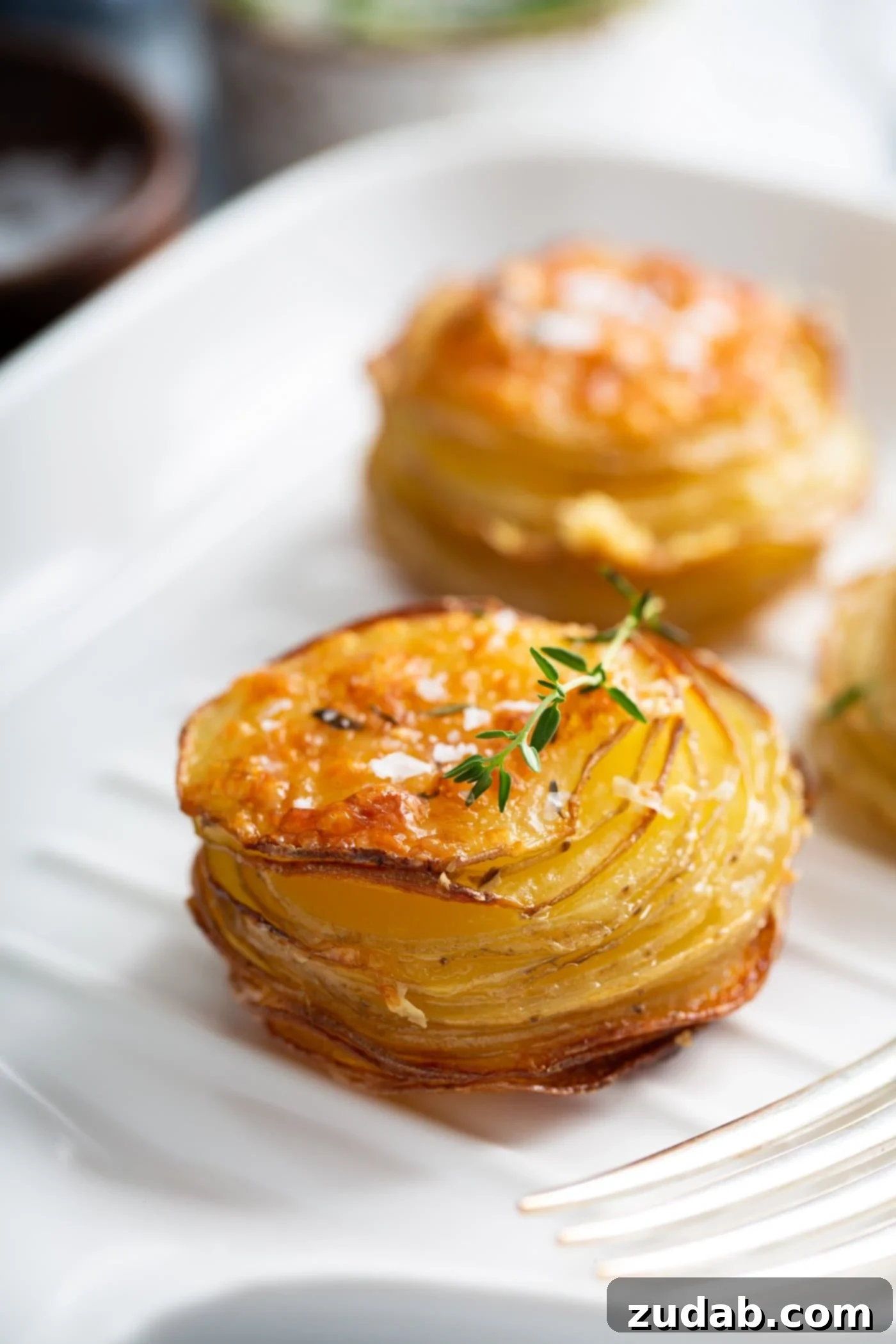 Two golden-brown Gruyere potato stacks, shaped like mini muffins, baked to crispy perfection.