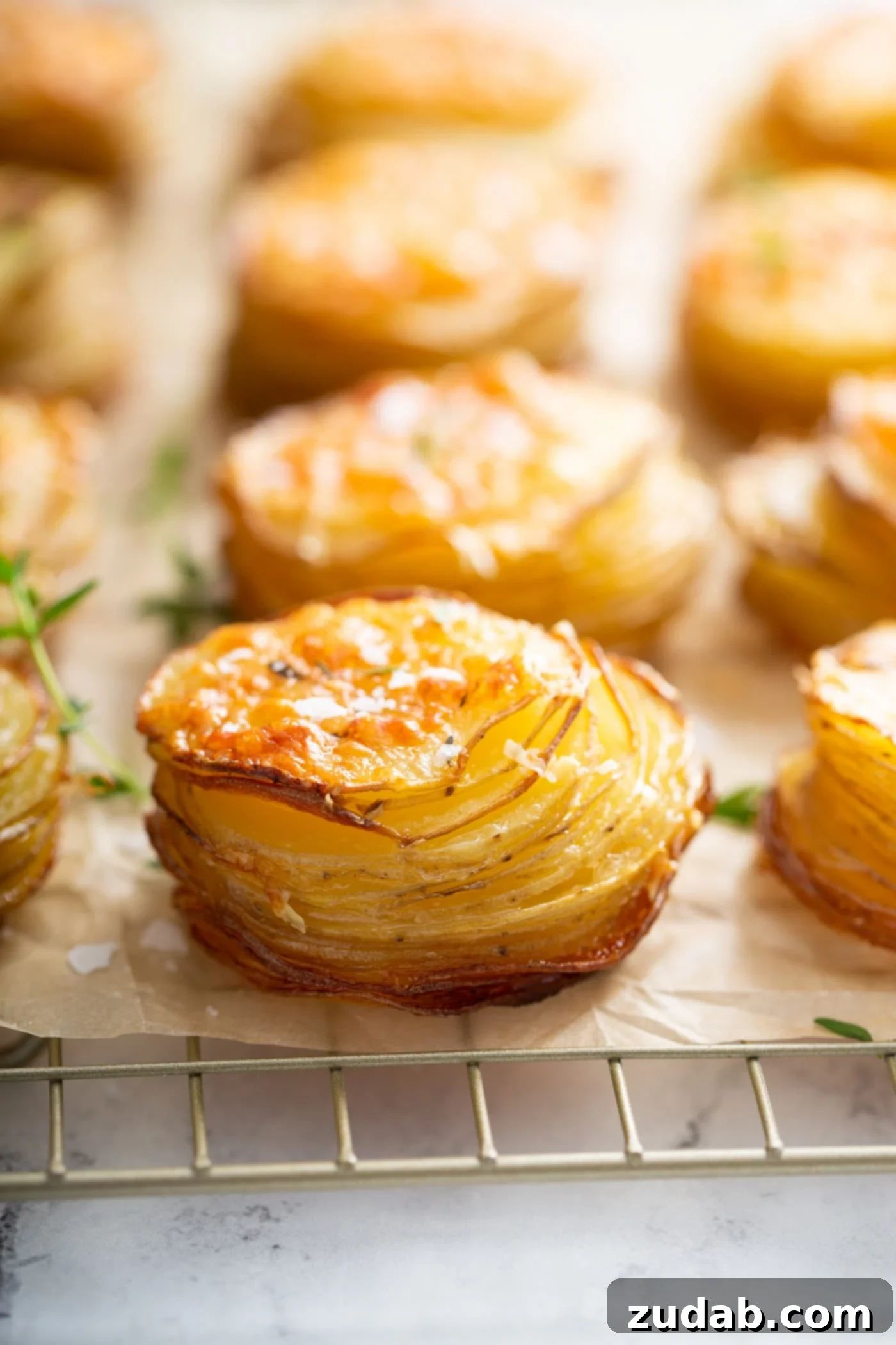 A selection of baked Gruyere potato stacks, golden and inviting, arranged on a rustic wooden cutting board, ready to be enjoyed.