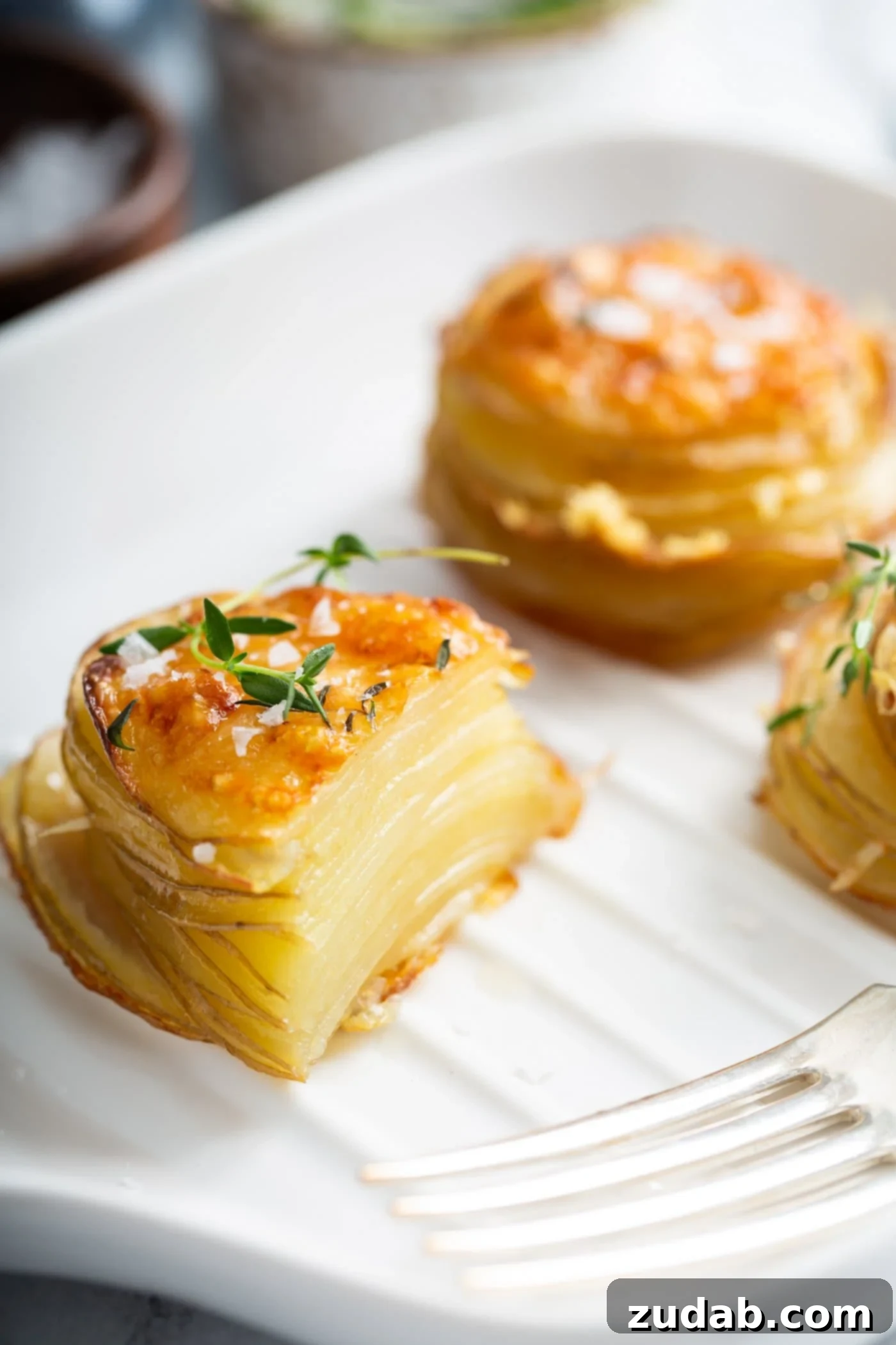 Golden-brown Gruyere potato stacks, perfectly baked, presented on parchment paper. One stack is neatly cut in half, revealing its tender, cheesy layers inside.