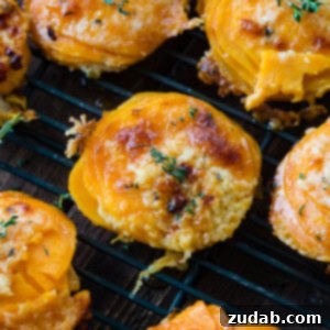 A freshly baked Gruyere Potato stack, golden and cheesy.