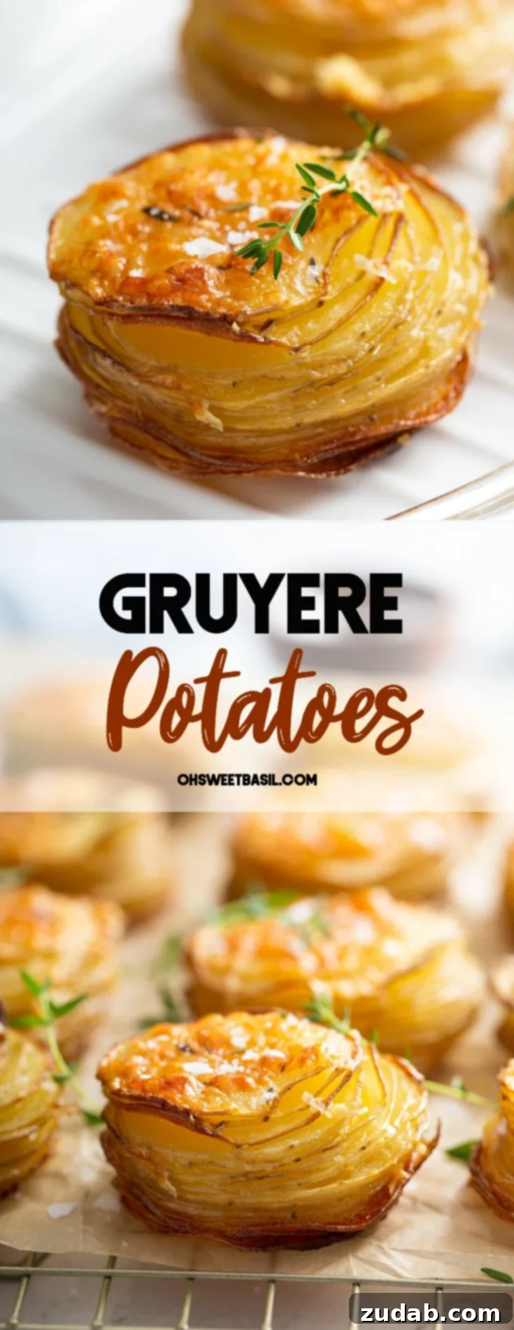 Two stacks of golden-brown Gruyere potatoes, shaped like delectable muffins, perfectly baked and ready to be served.