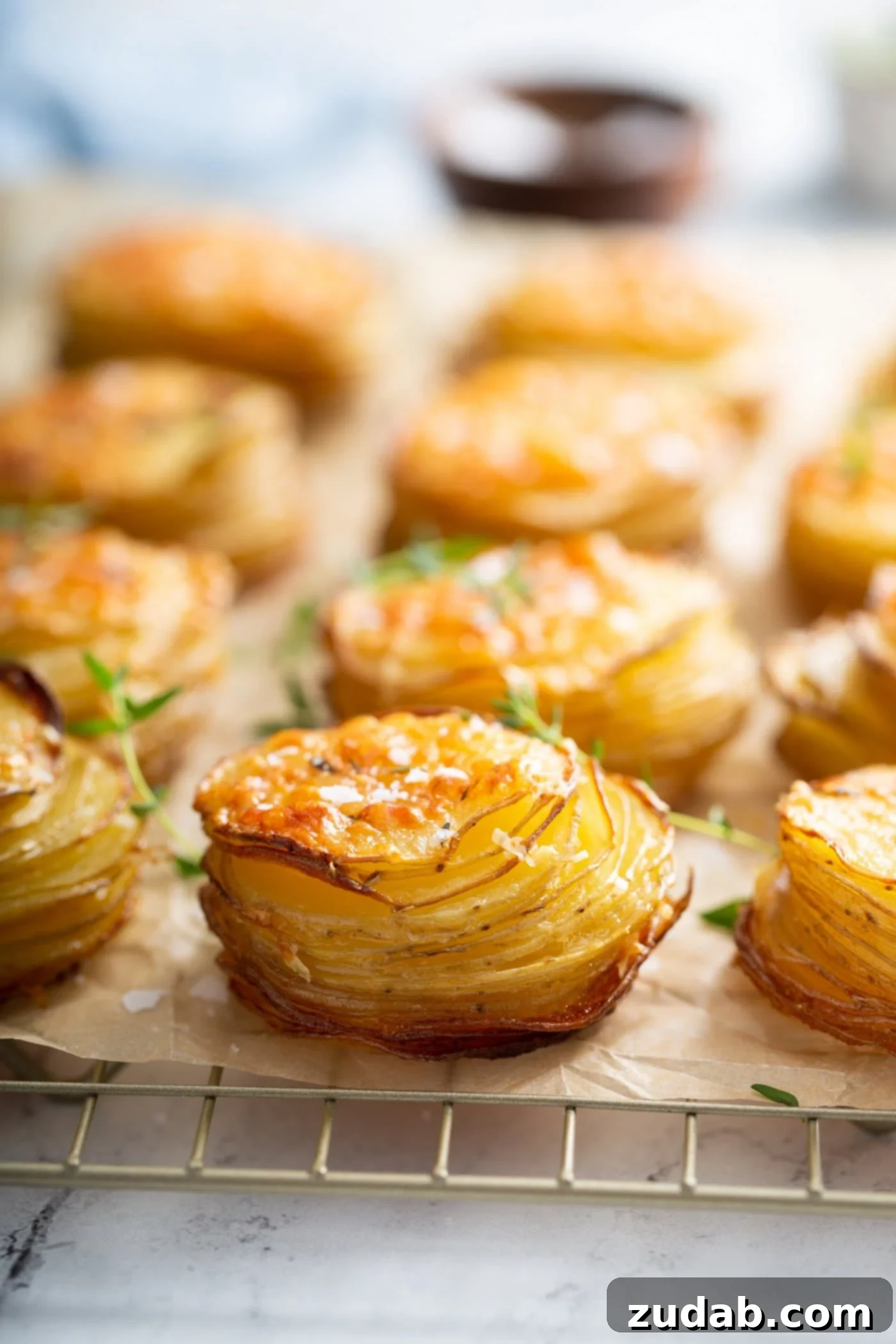 Perfectly baked Gruyere potato stacks, golden brown and resembling delightful mini gratins, cooling on parchment paper atop a wire rack.