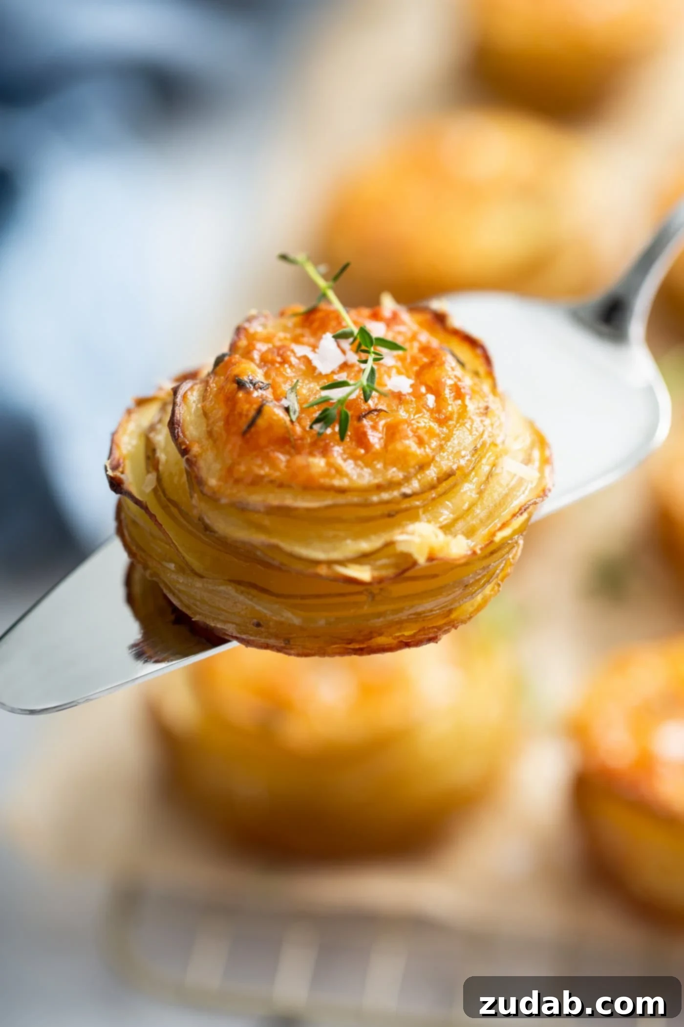 A single, beautifully golden-brown Gruyere potato stack being lifted from a wooden cutting board with a serving spatula, showcasing its intricate layers.