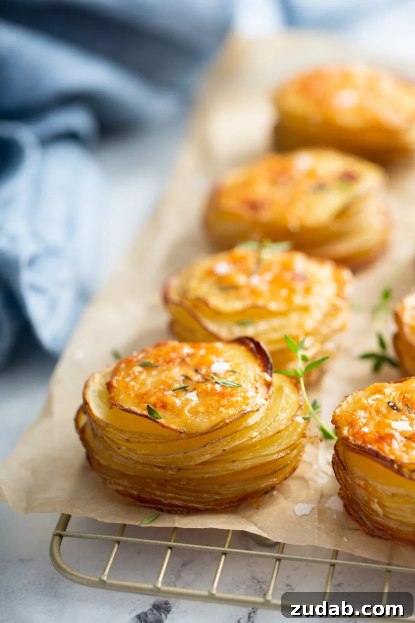 Several slices of golden-brown Gruyere potatoes, showing their delicate, layered texture, arranged on a rustic wooden cutting board.