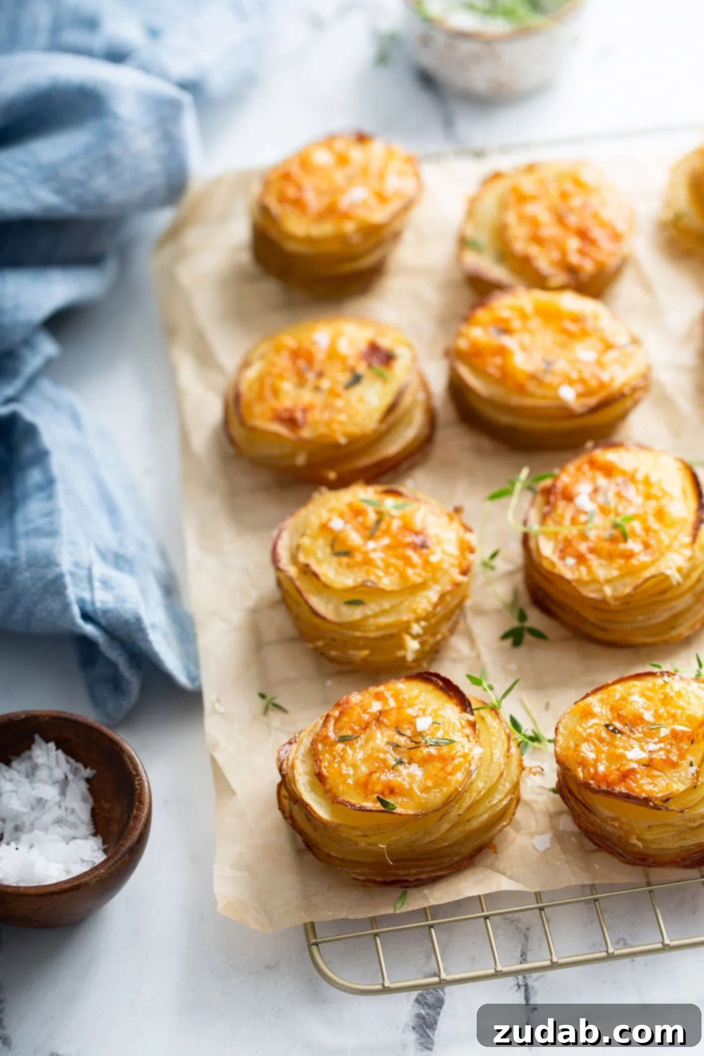 Several individual Gruyere potato stacks, resembling savory muffins, baked to a beautiful golden brown and placed on parchment paper on a wire cooling rack.