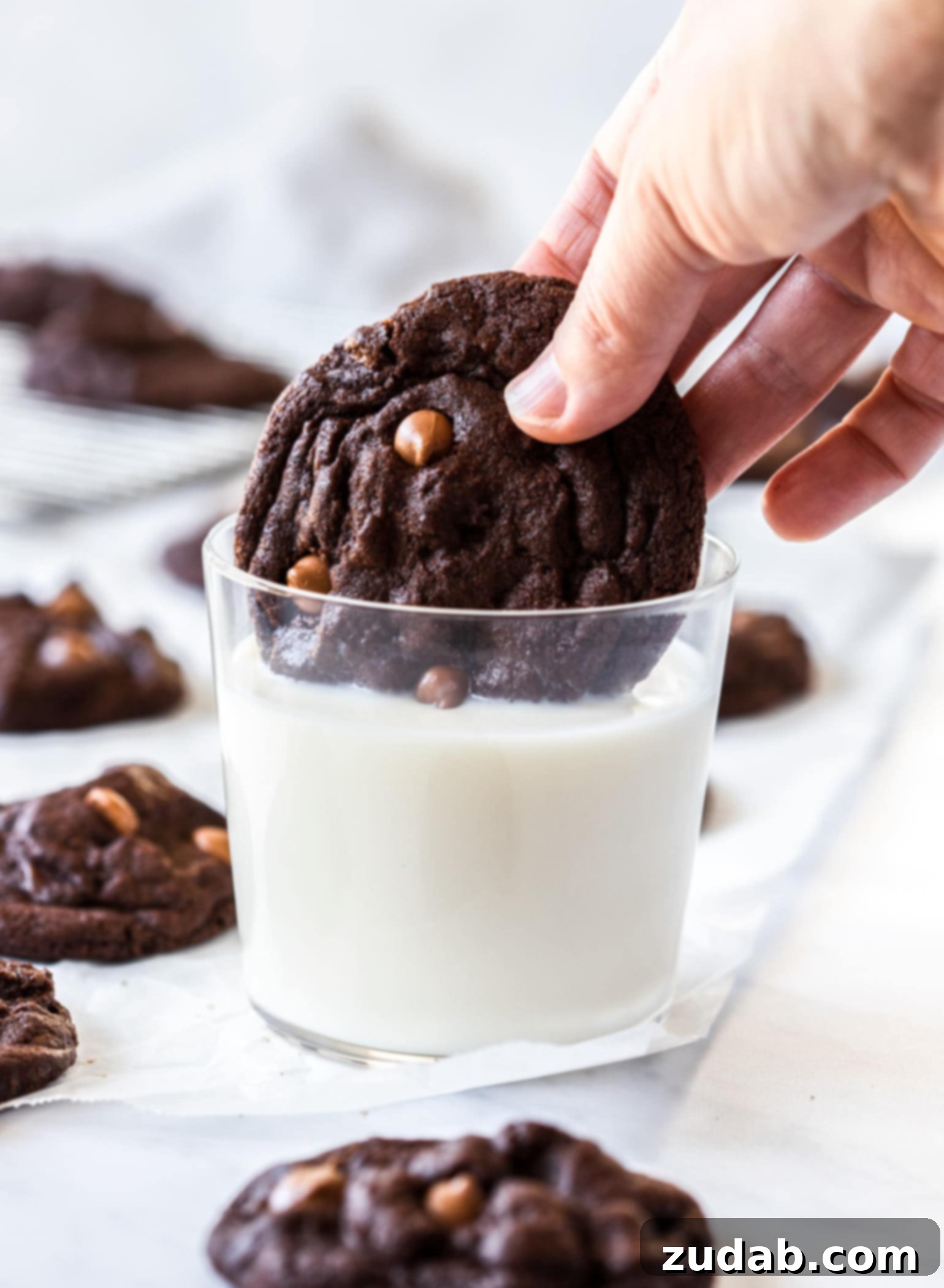 Signature Bakery Chocolate Cookies 3 A triple chocolate cookie being dunked into a glass of milk, emphasizing its rich and moist texture.