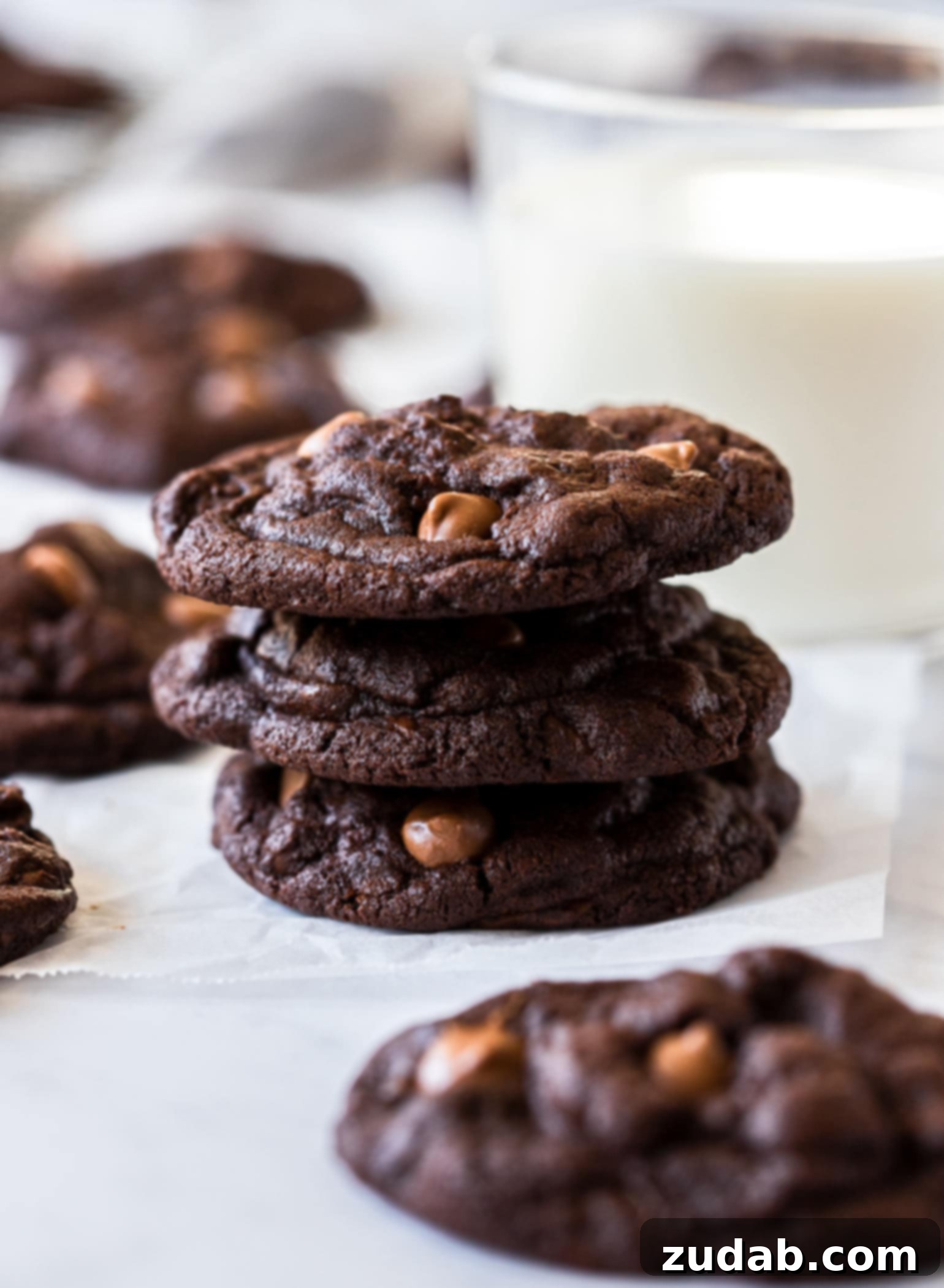 A stack of 3 chocolate chocolate chip cookies with a glass of milk behind them, ready to be enjoyed.