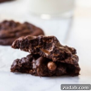 Signature Bakery Chocolate Cookies 7 A chocolate, chocolate chip cookie broken in half showing the gooey chocolate chips inside