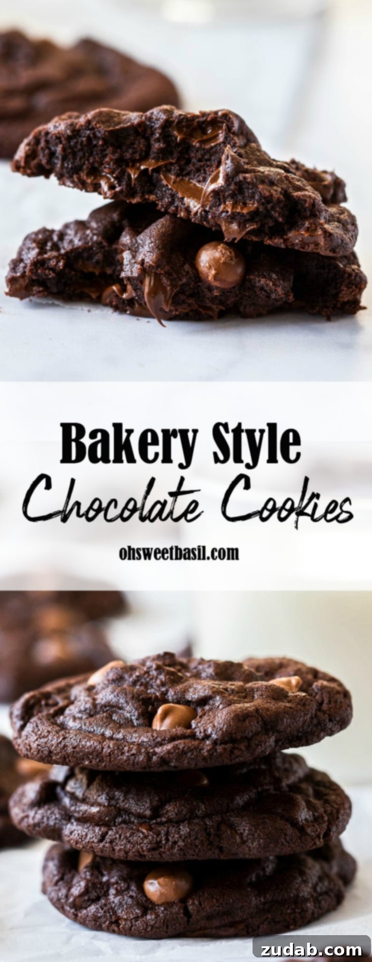 Signature Bakery Chocolate Cookies 8 A chocolate, chocolate chip cookie broken in half showing the gooey chocolate chips inside, inviting readers to try the recipe.