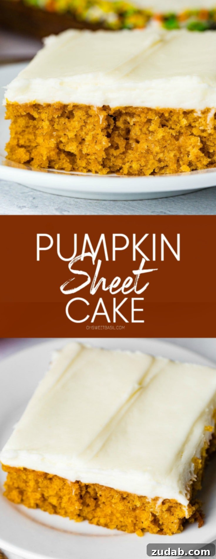 Spiced Pumpkin Sheet Cake 3 A photo of a piece of pumpkin sheet cake with cream cheese frosting sitting on a white plate.