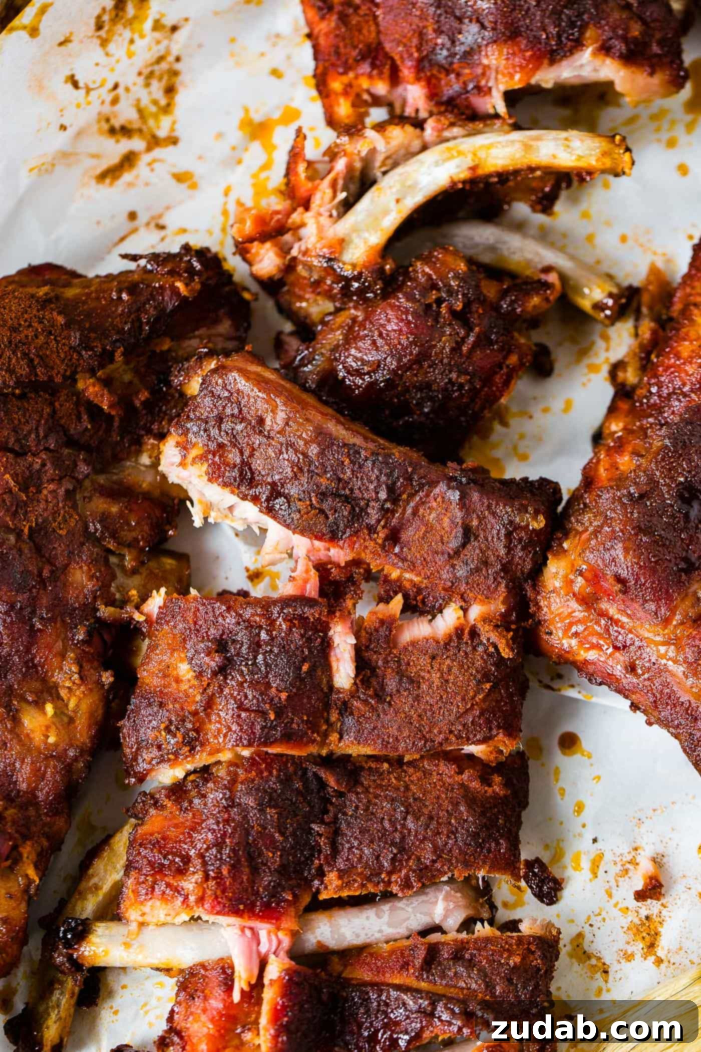 A photo of a rack of smoked Traeger ribs coated in a delicious dry rub, ready to be served.