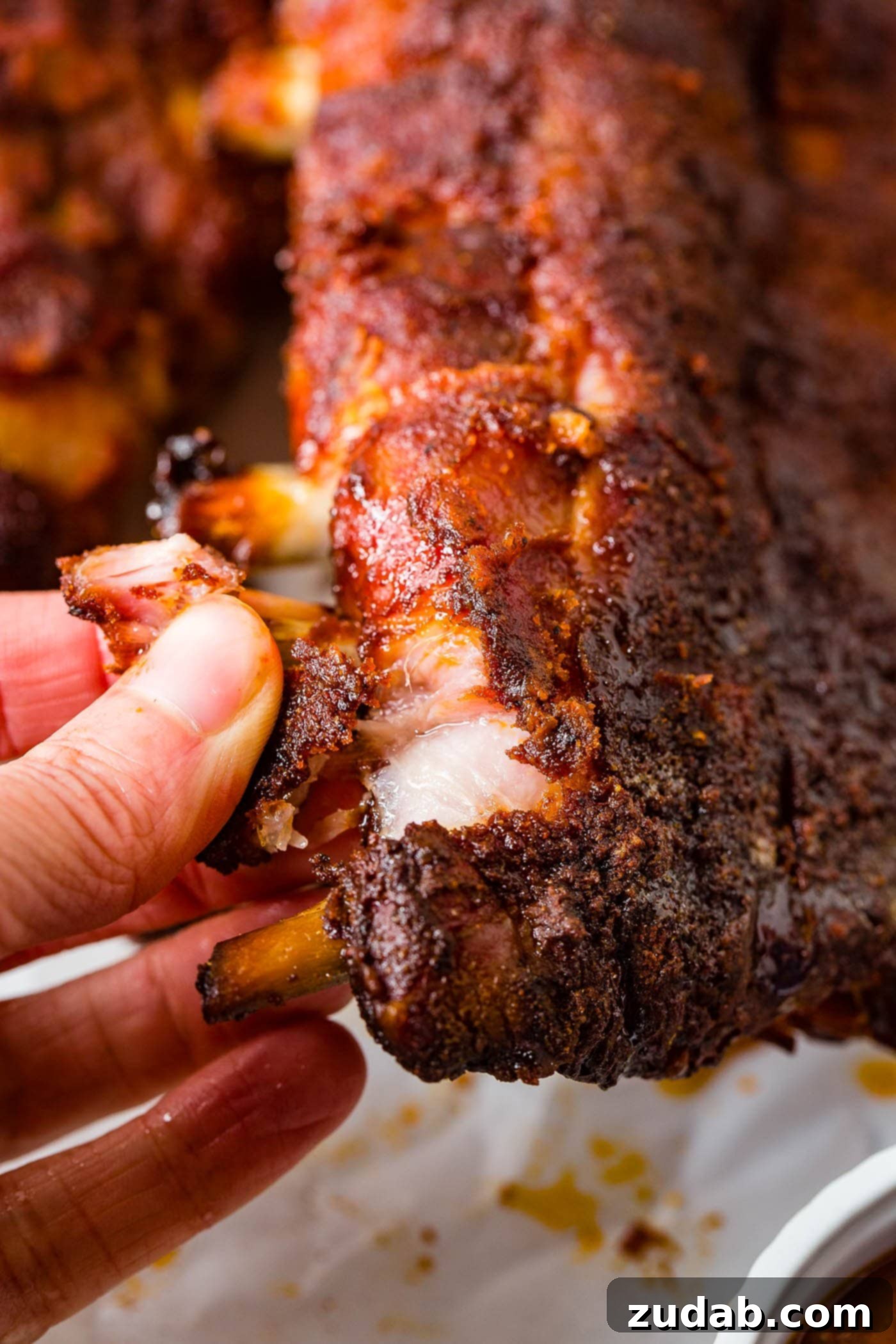 A photo of someone pulling a piece of meat off of smoked ribs, demonstrating their tenderness.
