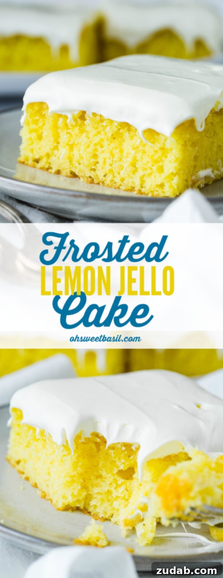 A slice of frosted lemon jello cake with two round slices of lemon on a serving plate. There is a plate containing more slices in the background and white linen napkins under the plates.