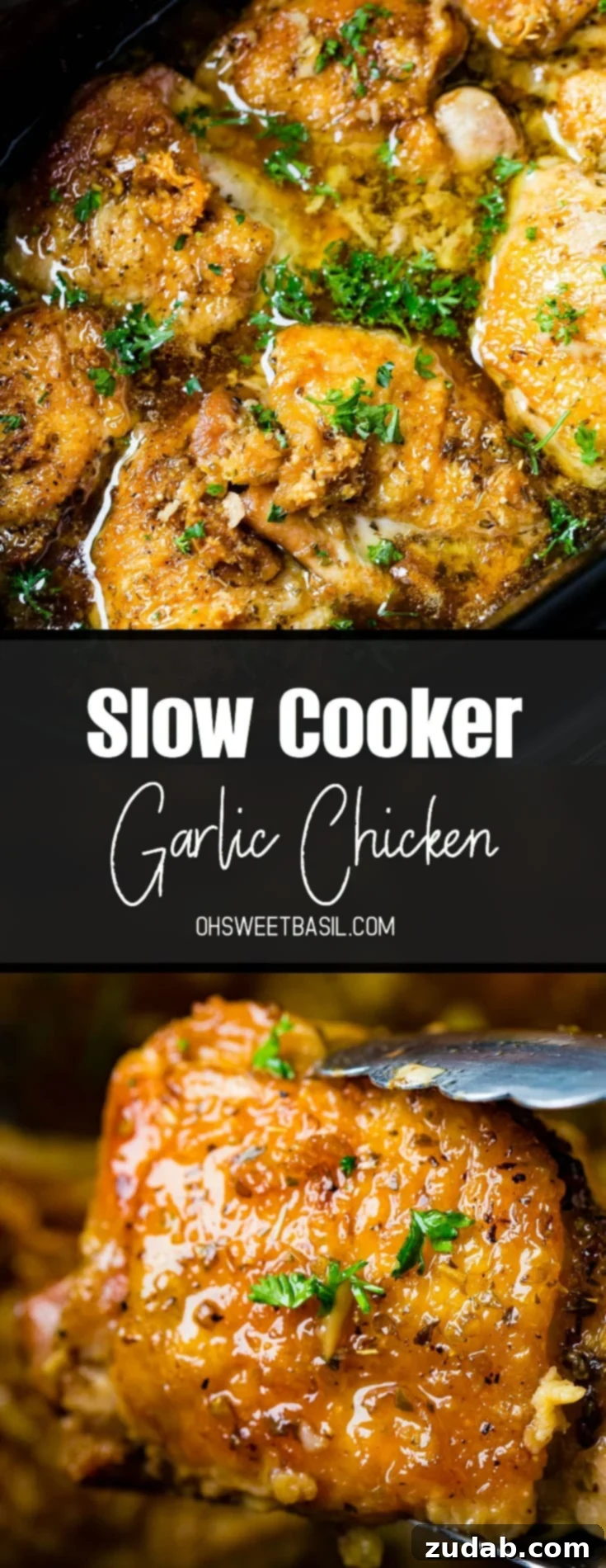 A final photo of the Slow Cooker Garlic Chicken, appetizing and ready to be served from the crock pot.