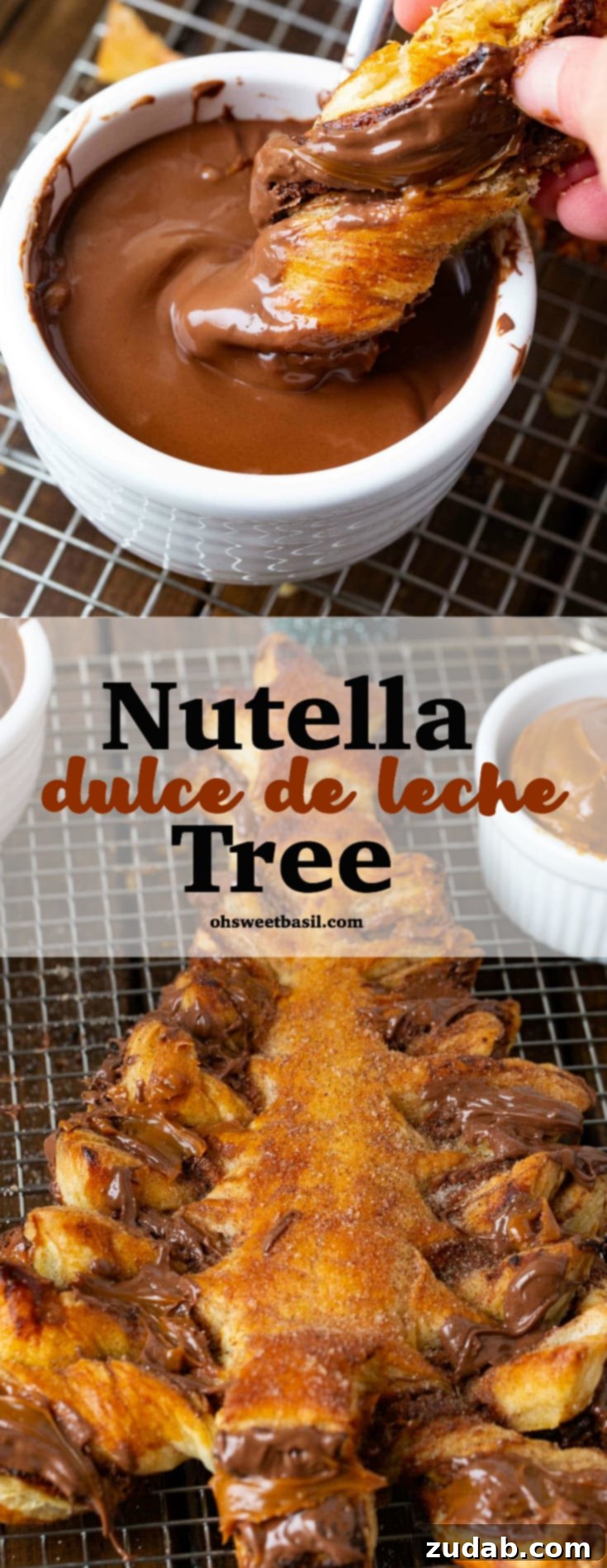 Festive Nutella and Dulce de Leche Christmas Tree 3 A beautifully baked golden Nutella dulce de leche Christmas tree, adorned with cinnamon sugar, resting on a cooling rack.