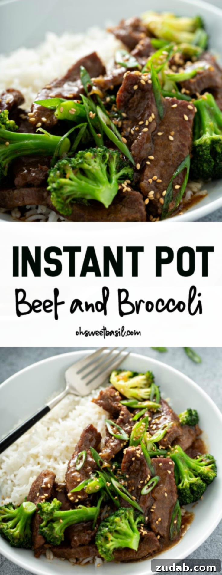 Better-Than-Takeout Instant Pot Beef and Broccoli 3 A photo of beef and broccoli on a white plate next to a serving of white rice and garnished with sliced green onions and toasted sesame seeds