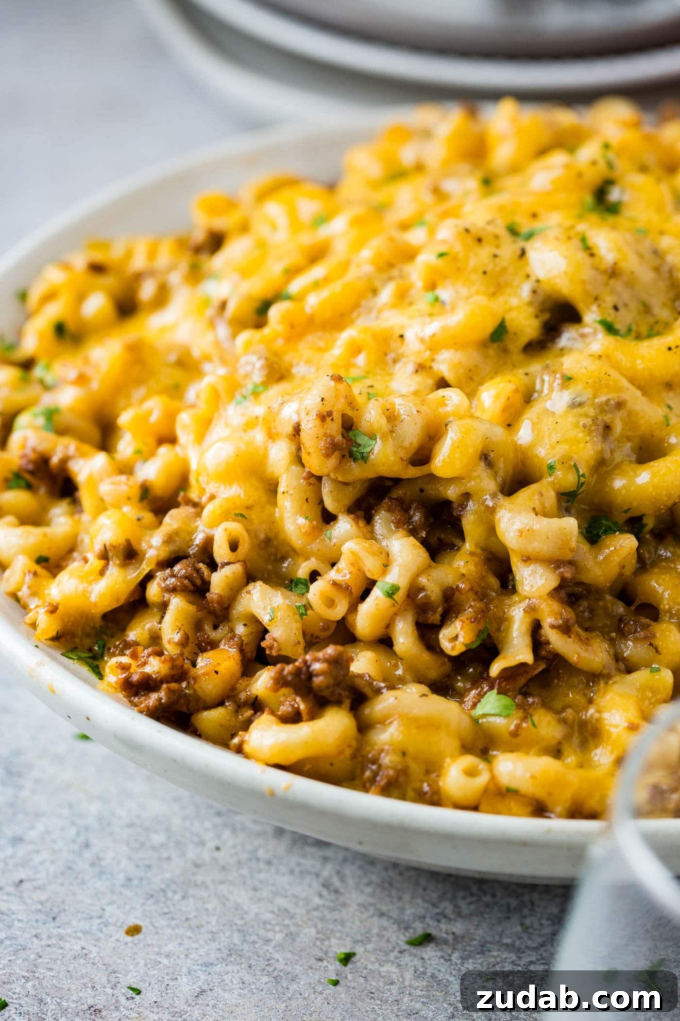Instant Pot Hamburger Helper A close-up of cheesy Instant Pot Hamburger Helper in a white serving bowl, showcasing the melted cheese and pasta.
