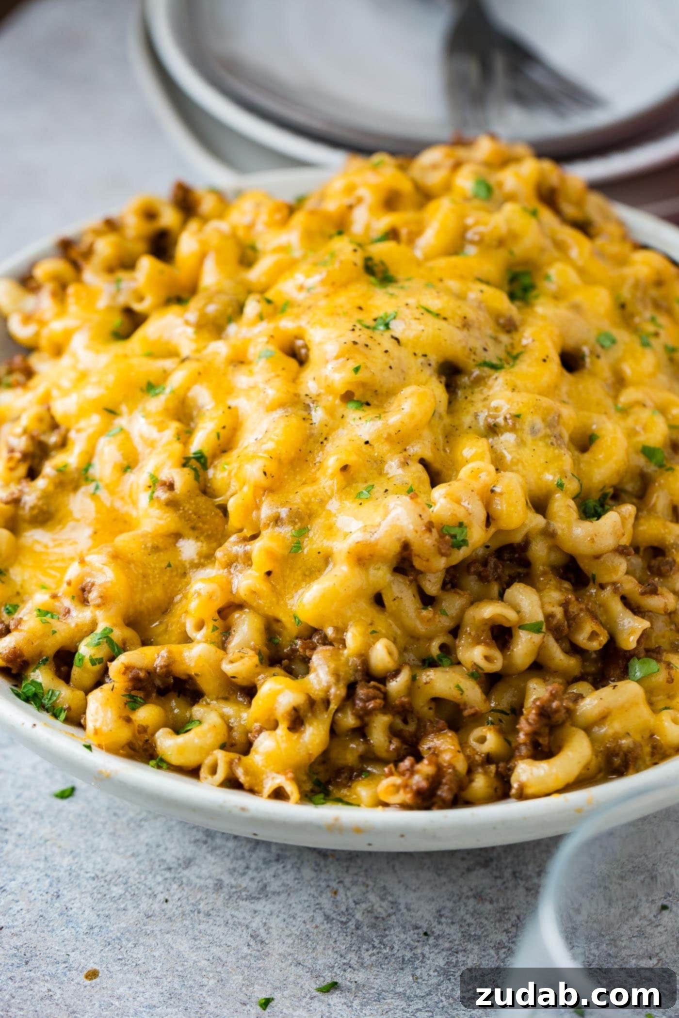 Instant Pot Hamburger Helper A white serving bowl brimming with cheesy Instant Pot Hamburger Helper, ready for a comforting meal.