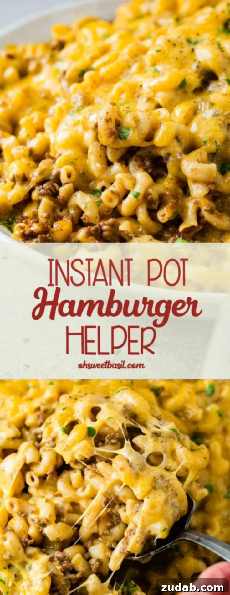 Ultimate Instant Pot Hamburger Helper 3 A close-up shot of a single serving of Instant Pot Hamburger Helper being scooped out of a dish, emphasizing its rich, cheesy texture.